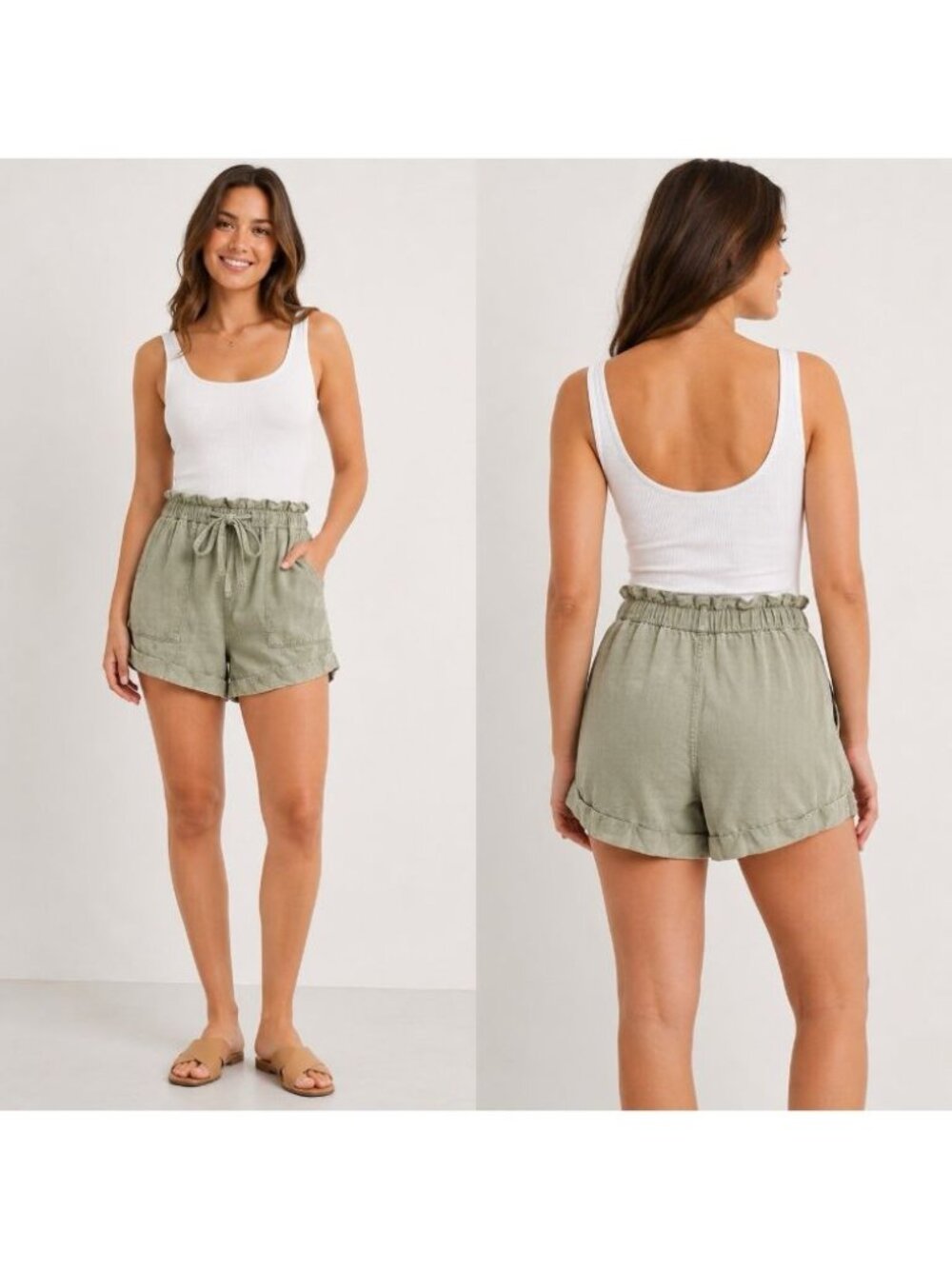 Aerie Women’s Large Olive Green Paperbag Tie Waist Lyocell Shorts High Rise